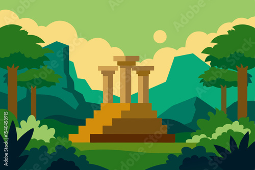 Ancient Ruins in Lush Tropical Jungle A Serene Landscape Illustration