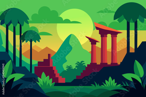 Tropical Paradise Ancient Ruins Amidst Lush Greenery and a Setting Sun