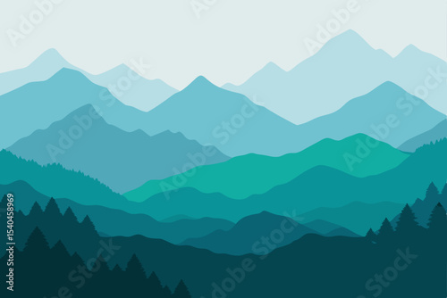Serene Mountain Landscape Shades of Blue and Green Peaks
