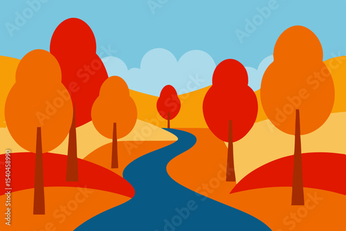Autumn Landscape Winding River Path Through Colorful Trees