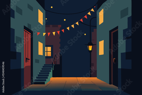 a back alley lit by fire escape fairy lights 