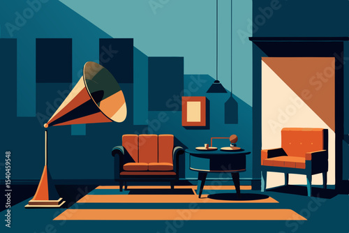 jazz era living room with gramophone  velvet 