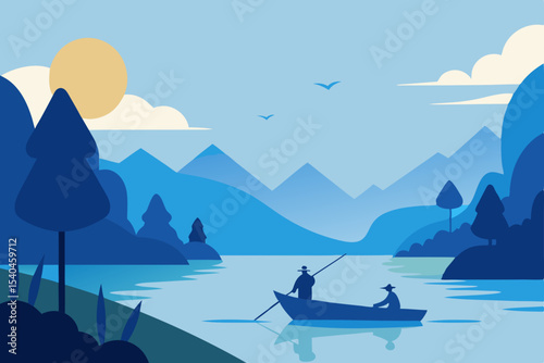 Serene Lakeside Escape Two Figures in a Boat Enjoying a Peaceful Mountain View