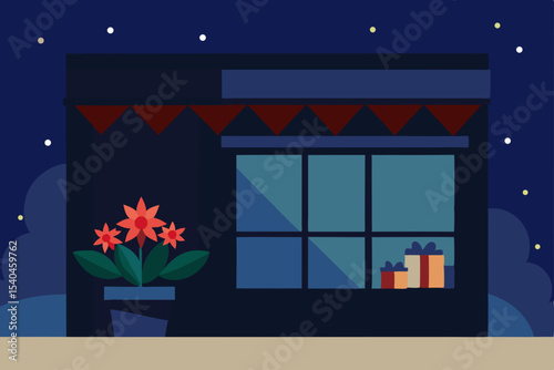 a boutique flower shop at night with glowing poins 