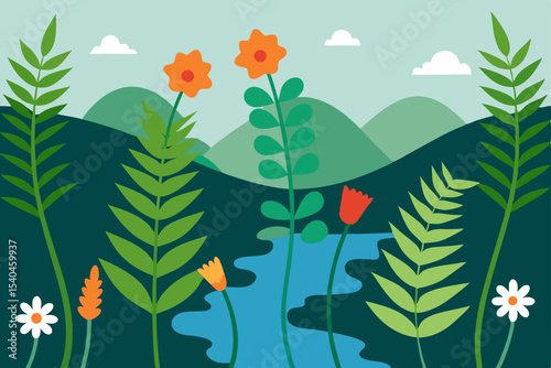 Serene Spring Landscape Vibrant Flowers, Rolling Hills, and a Gentle Stream