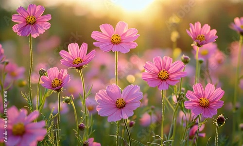 Radiant Pink Cosmos Flowers in a Sunny Meadow with Golden Sunlight and Blurred Green Background Adobe Stock Photo