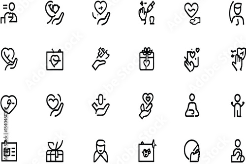 Collection of Heart-Shaped Line Icons Charity, Donation, Love, Care