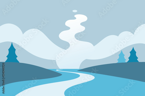 Serene Winter River Landscape A Minimalist Illustration of Tranquil Nature