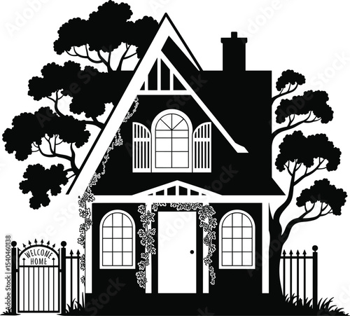 Inviting Welcome Home Silhouette: Charming House with Gate, Trees, and Vines for Real Estate, Family, and Residential Living Concepts
