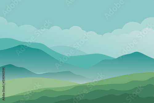 Serene Mountain Landscape Misty Peaks and Rolling Green Hills