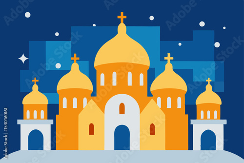 a cathedral square with golden domes glowing 