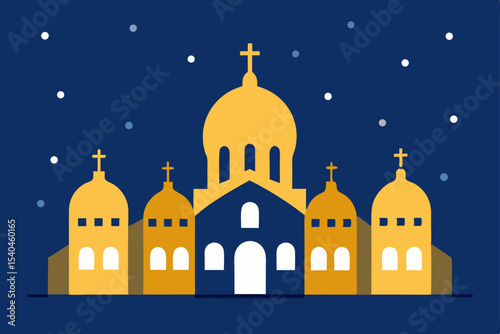 a cathedral square with golden domes glowing throu 