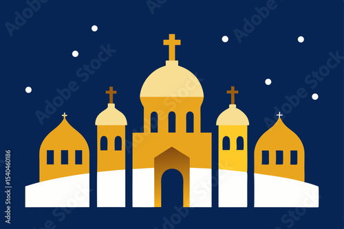 a cathedral square with golden domes glowing 