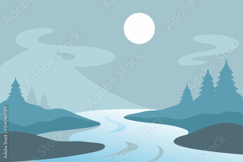Serene Moonlight River A Minimalist Landscape Illustration