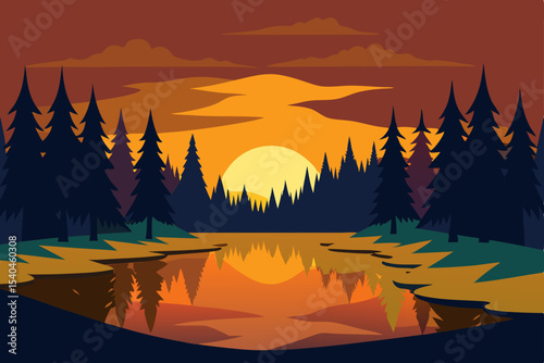 Serene Sunset A Captivating River Reflection in a Pine Forest