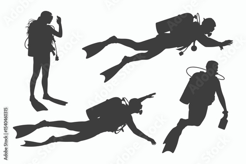 Silhouettes of scuba divers in various poses