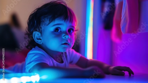 Baby girl lying on table, illuminated by vibrant neon lights, curious expression.
