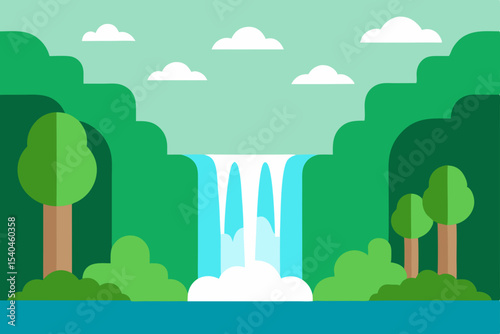 Serene Waterfall Landscape Lush Greenery, Cascading Water, and Tranquil Clouds