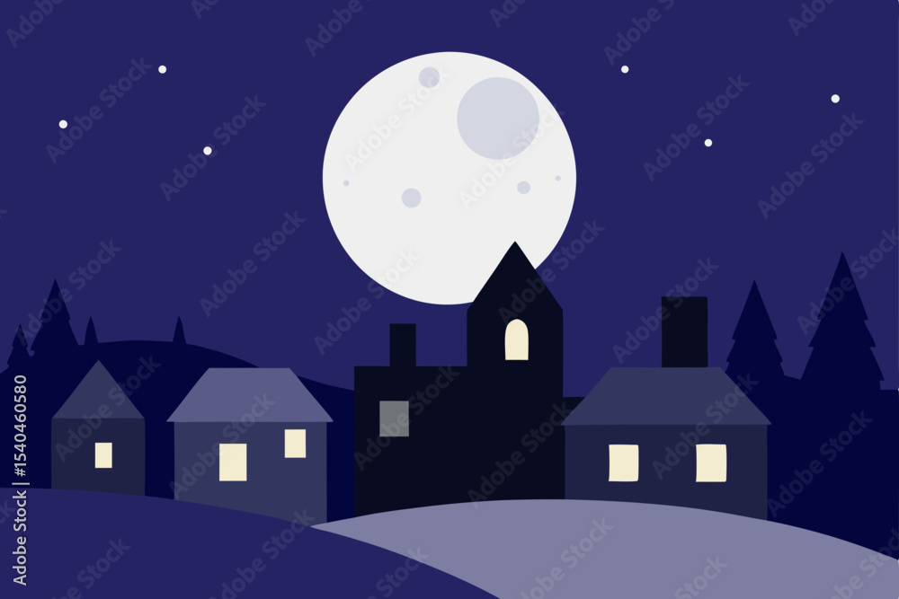 Naklejka premium Serene Night Moonlit Village Landscape Illustration
