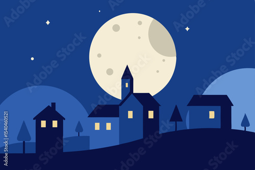 Serene Night Moonlit Village Illustration, Peaceful Night Scene