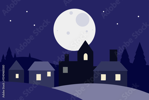 Serene Night Moonlit Village Landscape Illustration