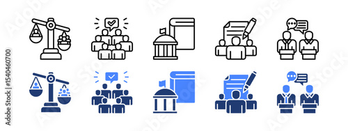 Democracy icon set with Minority, Majority, Education, Petition, Debates.