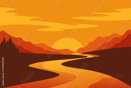 Serene Sunset A River's Golden Journey Through Mountain Landscape