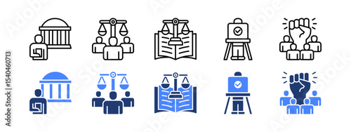 Democracy icon set with Civic, Human rights, Constitution, Voting booth, Freedom.