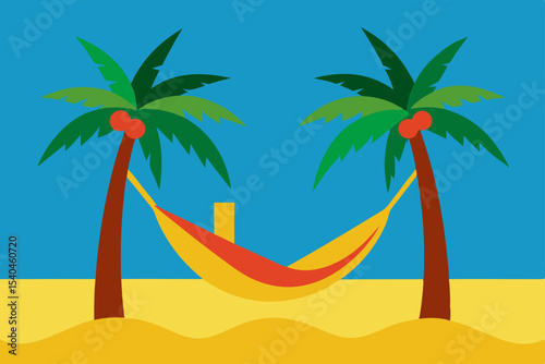 Tropical Paradise Relaxing Hammock Scene Between Palm Trees on a Sunny Beach