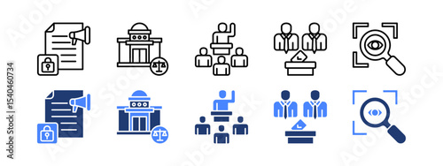 Democracy icon set with Free press, Legislature, Representation, Elections, Transparency.