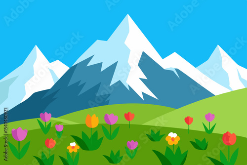 Majestic Mountain Landscape with Vibrant Spring Tulips A Breathtaking View