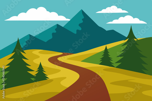 Mountain Road Landscape Illustration Winding Path Through Golden Fields and Majestic Peaks