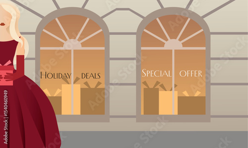 Christmas fashion woman holding a gift in front of festive boutique window. Elegant holiday season shopping and celebration mood.
