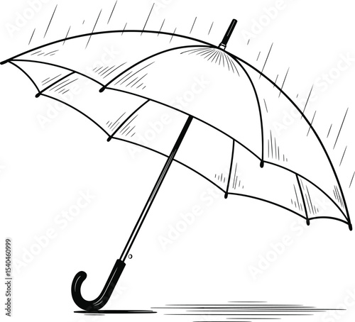 Open Umbrella with Rain and Water Droplets, Hand Drawn Sketch for Weather and Protection Designs