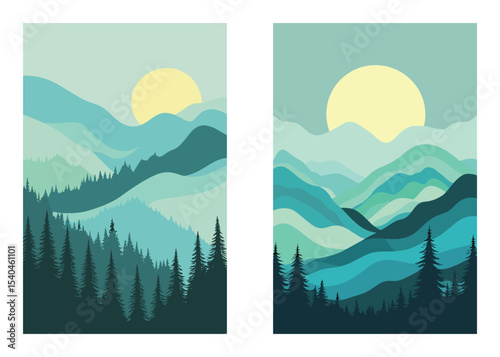 Mountain Scenery Minimalist Landscape Pine Trees Forest At Sunrise Posters