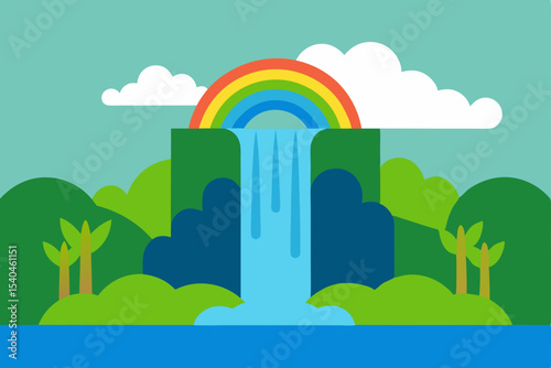 Enchanted Waterfall Landscape Rainbow over Lush Greenery
