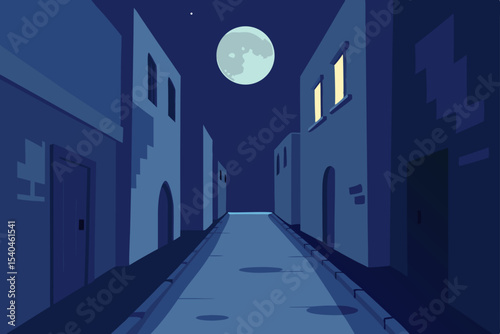 Serene Night Street Scene Moonlit Alleyway Illustration