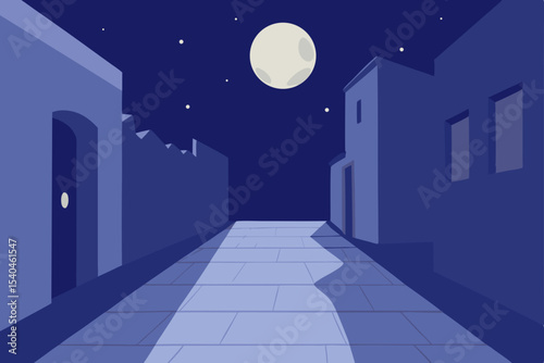Moonlit Alleyway A Serene Nighttime Street Scene in a Picturesque Village