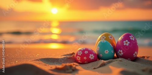 Sunset hues paint vibrant Easter eggs scattered on golden sand , coastal, seashell