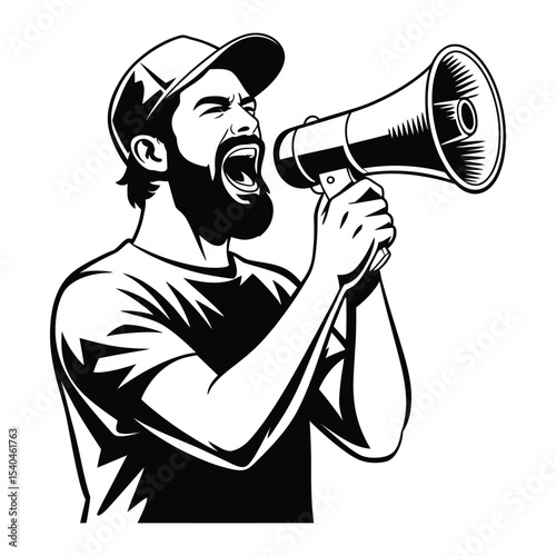 Bearded Man in Baseball Cap Shouting into Black and White Megaphone Bold Graphic Illustration