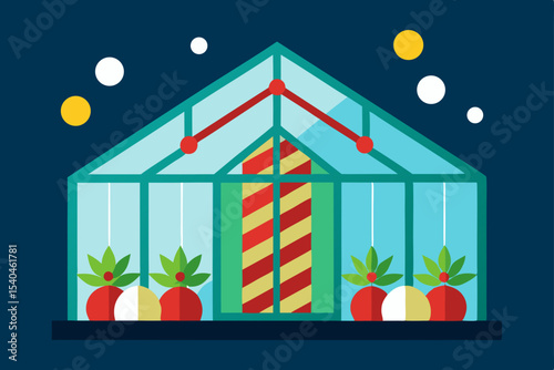 a christmas themed rooftop greenhouse glowing 
