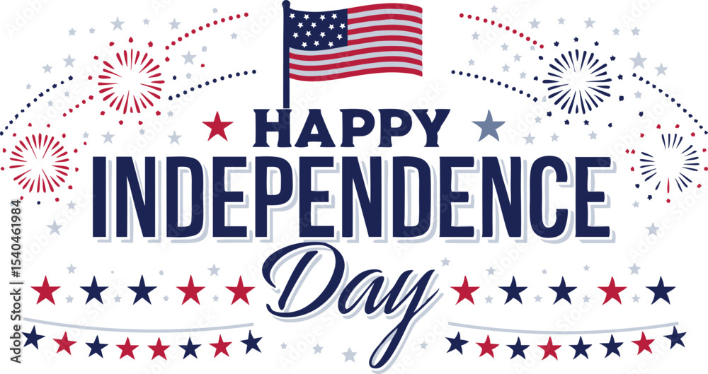Obraz premium Happy Independence Day with American Flag and Fireworks, USA 4th of July Patriotic Celebration Graphic Design, Red White Blue Stars and Fireworks Holiday Illustration.