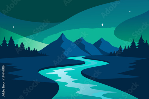 Serene Night Mountains, River, and Aurora Borealis Landscape Illustration