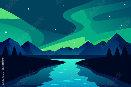 Enchanted Night Mountains, River, and Aurora Borealis