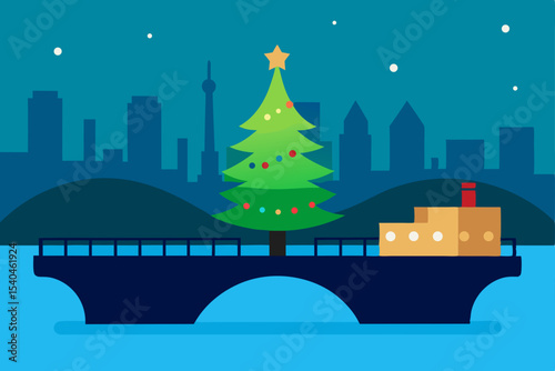 a christmas tree floating on a barge in a river  