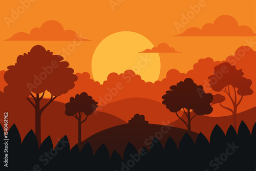 Sunset Silhouette Landscape Orange Hues and Serene Hills