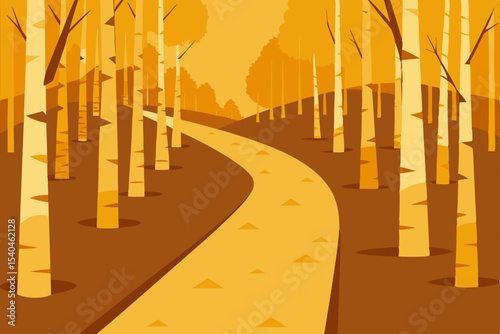 Autumnal Path A Winding Road Through Golden Birch Trees