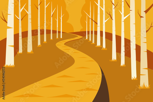 Autumnal Pathway Winding Road Through Golden Birch Forest