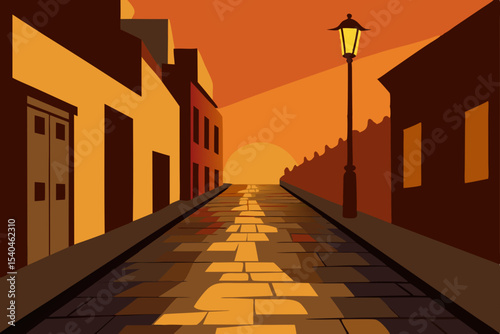 Sunset Street Scene Cobblestone Road, Warm Hues, and Evening Shadows