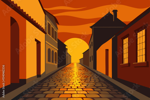 Sunset Streetscape Cobblestone Road at Golden Hour